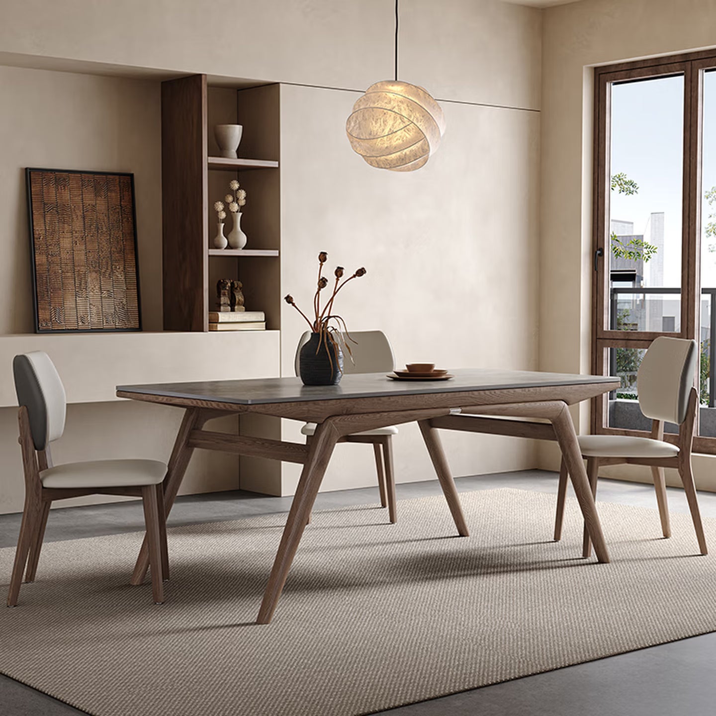 Minimalist Sintered Stone & Ash Wood Dining Table and Chairs