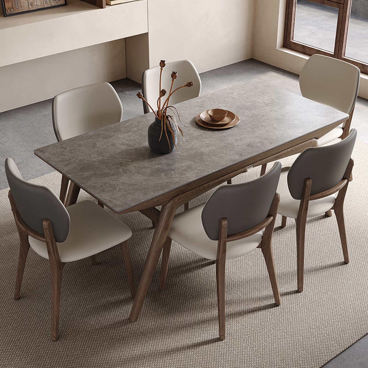 Minimalist Sintered Stone & Ash Wood Dining Table and Chairs